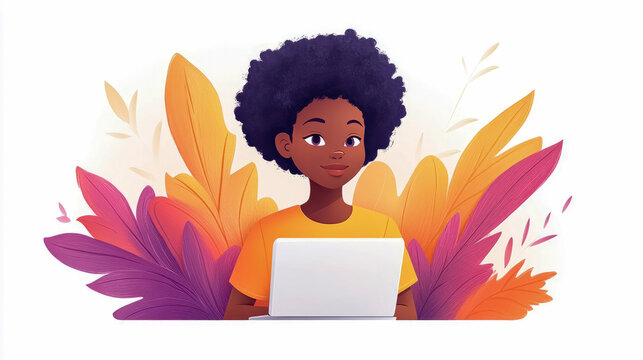 Vibrant illustration depicts young Black woman with afro, looking directly at viewer while working on white laptop, surrounded by colorful abstract botanical backdrop featuring leaves in shades of ora
