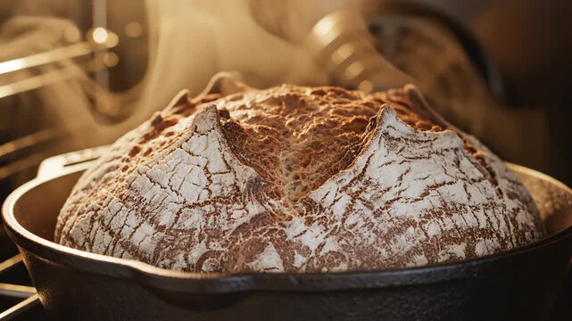 Freshly baked artisan bread in a cast iron skillet