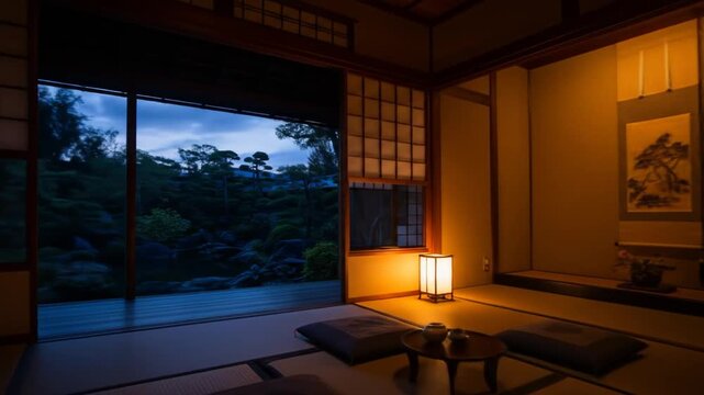 Tranquil Japanese Room with Garden View at Dusk.