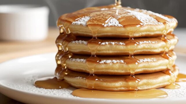 Fluffy pancakes stacked with maple syrup and powdered sugar