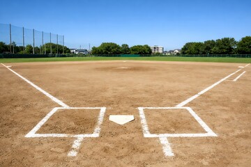 Empty baseball field with home plate and batters boxes on a sunny day