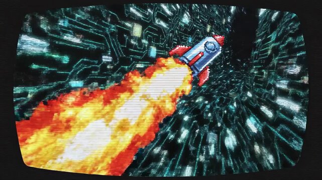 Pixelated rocket ship blasts off, framed in a retro TV, traversing a digital, neon-green tunnel