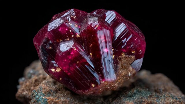 30Red Beryl gemstone macro close-up, intense crimson color, black background, rarity and luxury symbolism