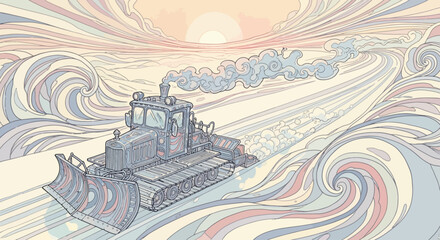 Bulldozer in Surreal Watercolor Landscape Scene. © Berry