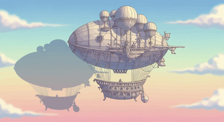 Steampunk Airship with Balloons and Propellers. © Berry