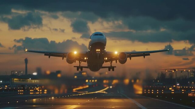 A dramatic take-off of an aeroplane at sunset with the lights of the runway and the city skyline in the distance conveys the dynamism of travel and is suitable as a background for travel websites or a