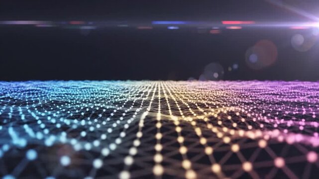 Abstract digital network grid with glowing nodes representing data flow