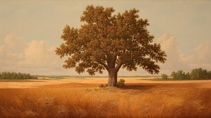 Fototapeta premium Majestic Oak Tree Standing Alone in Golden Wheat Field Under Blue Sky with Soft Clouds, Capturing the Essence of Nature's Beauty and Serenity