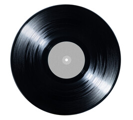 Black vinyl record isolated on transparent background PNG, top view. Classic analog music disc with...