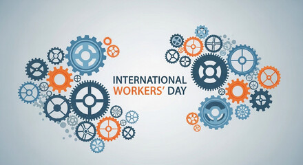 A vibrant graphic illustration celebrating International Workers' Day with colorful gears and cogs