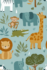 Fototapeta premium Safari animals pattern with giraffes, elephants, and lions on a light blue background. Cute cartoon jungle animals seamless pattern