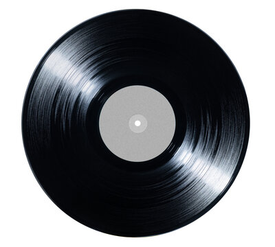 Black vinyl record isolated on transparent background PNG, top view. Classic analog music disc with detailed grooves and blank center label.
