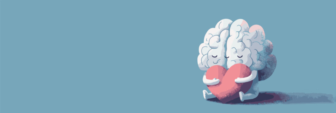 Brain and heart characters are hugging, symbolizing mental and emotional balance with care. Gentle cartoon brain and heart hugging, showing mental health