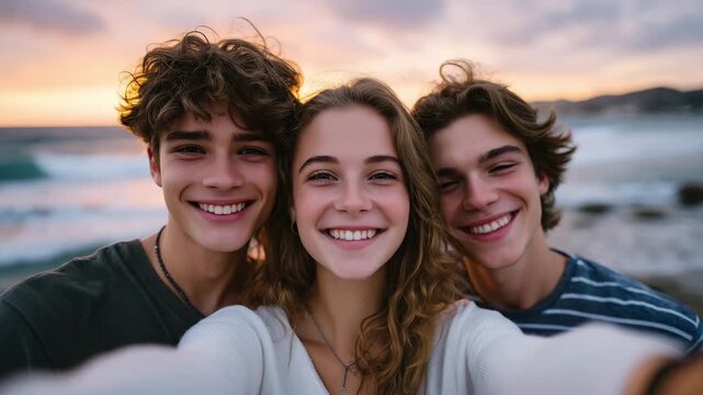 126Friends capturing a joyful selfie moment at the beach during sunset, soft orange and purple sky behind them, waves rolling in, relaxed body language, genuine smiles, lifestyle phot