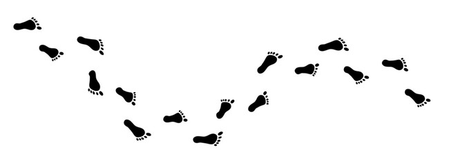 Human footprints tracking following a curved path. Barefoot footprint trail of human mark. Footprint path simple silhouette. © Alyona
