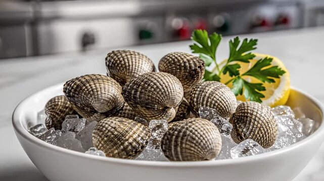 Fresh cockles on ice with lemon parsley in kitchen