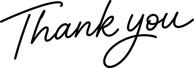 Obraz premium Minimal black calligraphy saying thank you, elegant handwritten typography for cards, branding, notes, and appreciation messages with clean background.