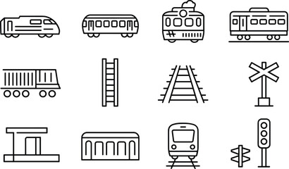 Train and Railway Outline Icon Set Featuring Locomotive Wagon Tracks Station and Signal Vector Illustration Collection © MSTAYESHASIDDIKA
