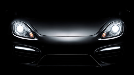 Fototapeta premium Front view of sleek black sports car with illuminated headlights and modern design glowing in dark