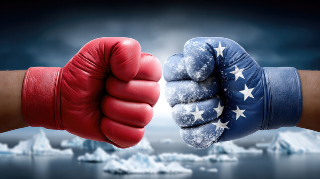 Clenched red and blue boxing gloves with white stars collide over an icy Arctic landscape, symbolizing international power struggle, geopolitical tension and cold conflict