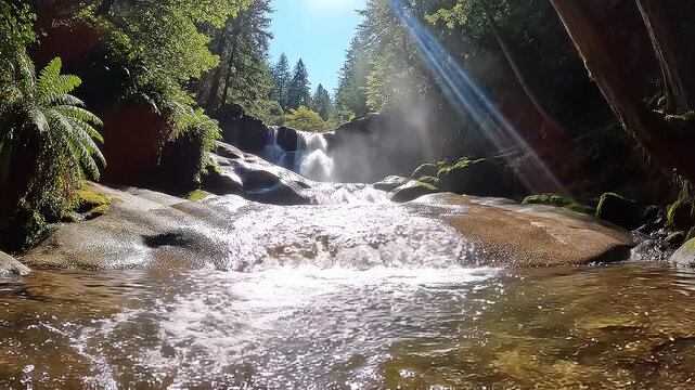 Waterfall in forest with sunlight shining.