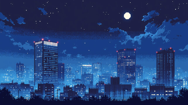 満月が輝く都市夜景のピクセルアートイラスト、ドット絵で再現した高層ビルと光る街路、レトロゲーム風の世界観、動画背景、配信画面、広告、サムネイルに使える印象的なデザイン素材