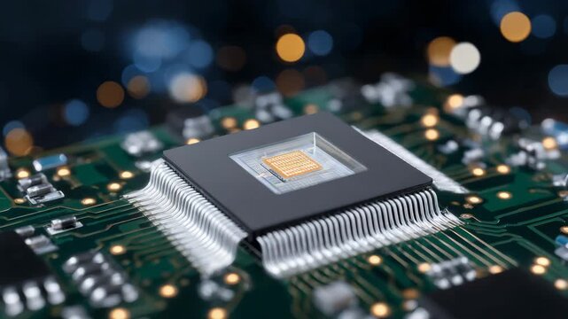 201Extreme close-up of a tiny optical sensor on a green PCB, flex ribbon cables connected, orange semiconductor die inside transparent microchip, sharp metallic highlights, shallow de