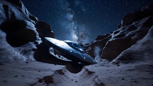 Crashed ufo in a rocky canyon under a dramatic milky way night sky