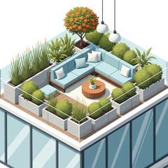 Fototapeta premium Rooftop Garden Oasis with Modern Furniture and Lush Greenery.
