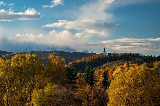 The cathedral of Marianska Hora at sunset, in the heart of the hills of Levoca, Slovakia