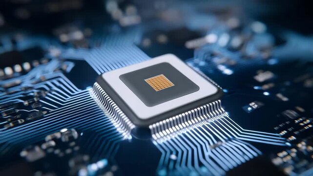 212Ultra-detailed macro of optical sensor and microchip on PCB, flex ribbon cables bending gracefully, orange die component in center, dark studio background enhancing metallic reflec