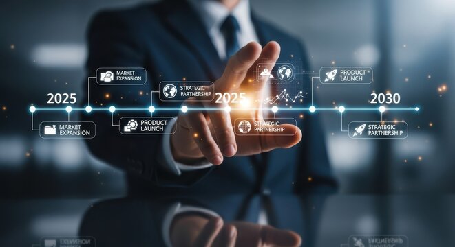 Closeup Businessman Hand interacting with virtual timeline 05 030, representing long term roadmap, milestone planning, and evolutionary business strategy.