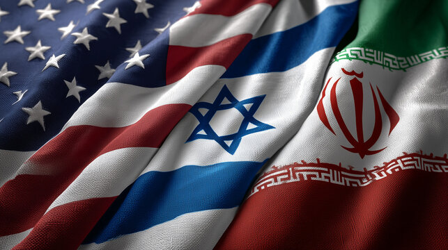 three flags waving together: usa israel iran flag