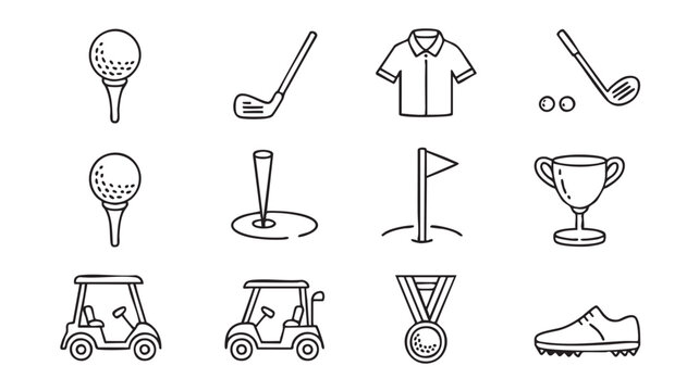 Set of twelve golf related vector icons including balls, clubs, clothing and accessories in a simple line art style on a white background