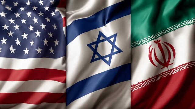 three flags waving together: usa israel iran flag