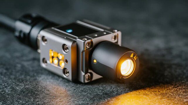 248Close-up industrial automation proximity sensor, precision-engineered metallic components, LED status indicator glowing softly, contactless sensing aperture, shallow depth of field