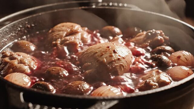 Bubbling Coq au Vin cast-iron pot, chicken, onions, mushrooms, chiaroscuro, warm tabletop