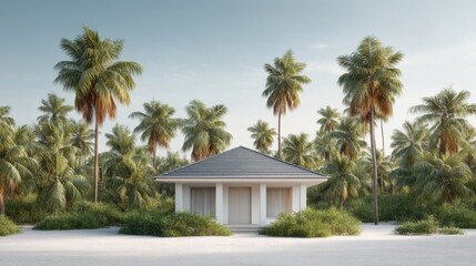 Fototapeta premium Tranquil Tropical Escape with Modern House Surrounded by Lush Green Palm Trees and Soft Sandy Pathway under a Clear Blue Sky