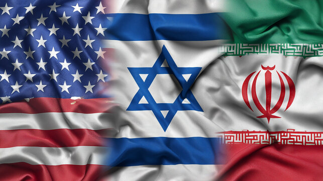 three flags waving together: usa israel iran flag