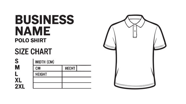 Essential vector graphic design template for creating a professional polo shirt size chart guide detailing width and height measurements for various clothing dimensions