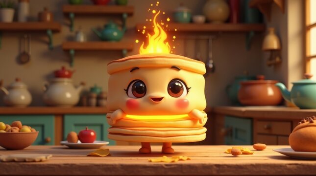 Lindo personaje de dibujos animados en 3D de pila de panqueques