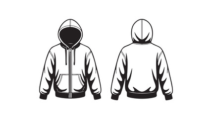 Black and white vector illustration design showcasing front and back views of a hooded zip-up sweatshirt with pouch pockets and ribbed cuffs © Faheem art works