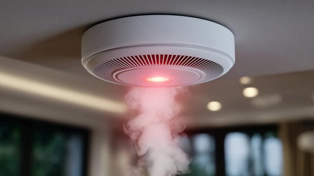 295Close-up of a smoke detector activated with bright red LED and audible alarm, soft smoke visible in background, interlinked fire alarm units on ceiling glowing simultaneously, mode