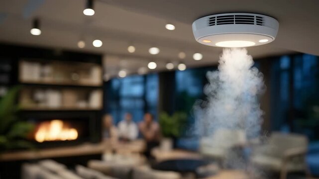 296Residential safety system in action with smoke detector, interlinked fire alarms glowing, soft smoke illuminated by ambient ceiling lights, modern living room interior with furnitu