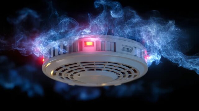 302Macro close-up of smoke detector triggering interlinked fire alarms, red light flashing across ceiling units, thin smoke illuminated by ambient light, synchronized emergency respon