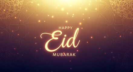 Naklejka premium Eid Mubarak greeting card with elegant gold design and festive lights