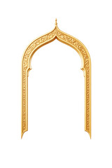 Ornate golden Islamic archway with intricate floral carvings on transparent background, Ramadan concept