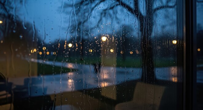 View of city park through rain-soaked window in twilight