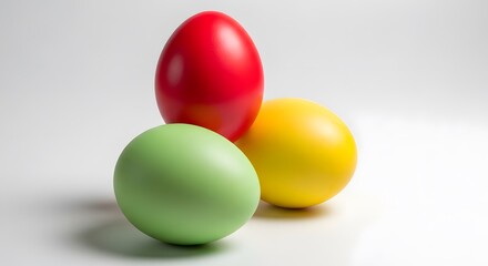 Obraz premium Three colorful easter eggs on a white surface