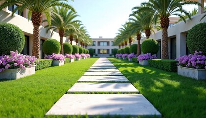 Obraz premium Stepping stone pathway leads to a luxury villa with manicured garden and palm trees. Modern landscape architecture for outdoor living.